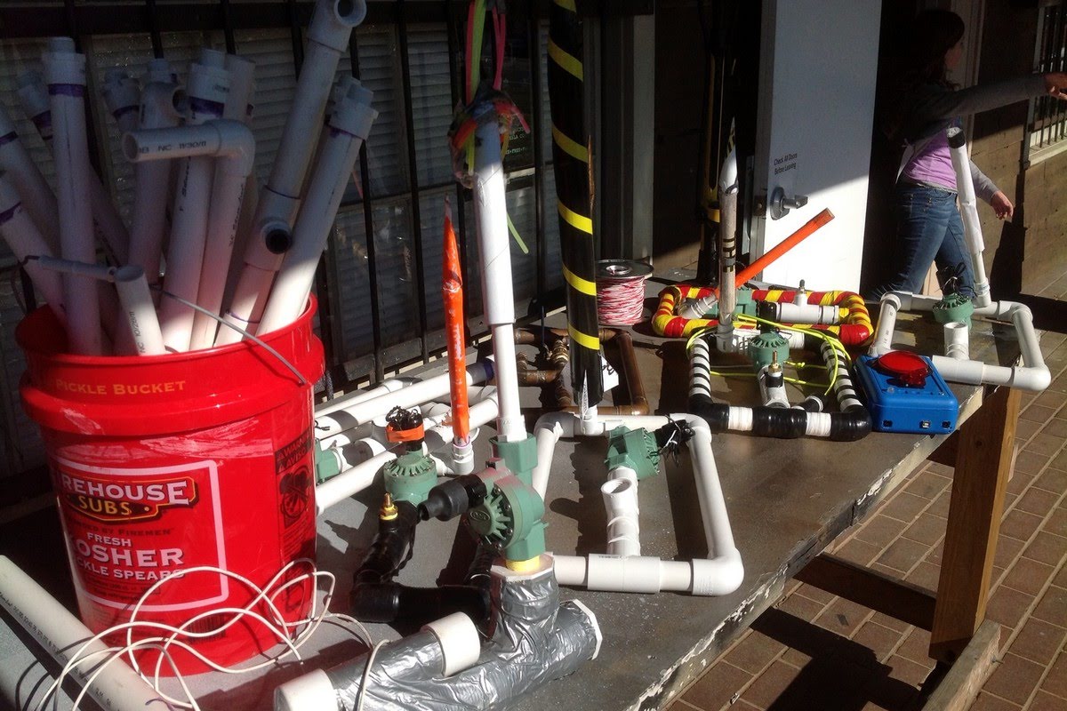 Collection of student-built compressed air rockets