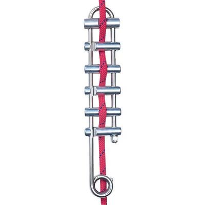 A steel rappel rack descender with climbing rope woven through the bars in an S-pattern