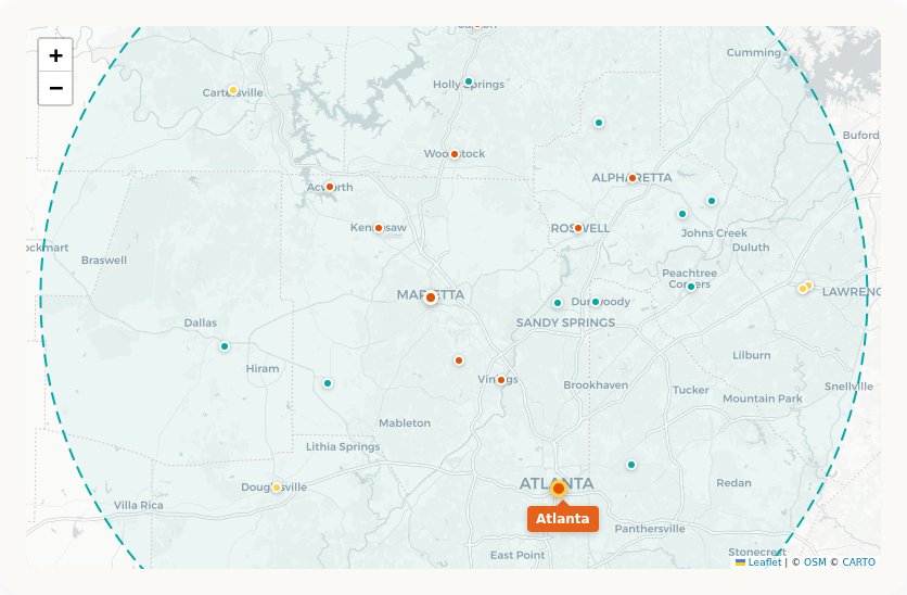 Map of metro Atlanta showing Maker Lab Kids service area  -  30-mile free travel radius centered on Marietta, with markers for cities across Cobb, Cherokee, Fulton, Paulding, DeKalb, Gwinnett, Forsyth, Douglas, and Bartow counties